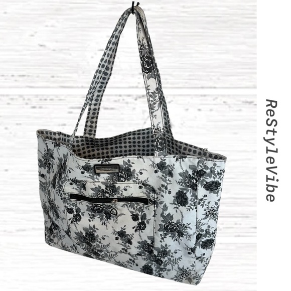 BELLA RUSSO Tote Bag Reversible Floral Casual Black White Coated Canvas - Picture 1 of 16